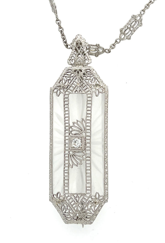 Art Deco .10ct Diamond & Quartz 14KW Art Deco Pendant Circa 1930s