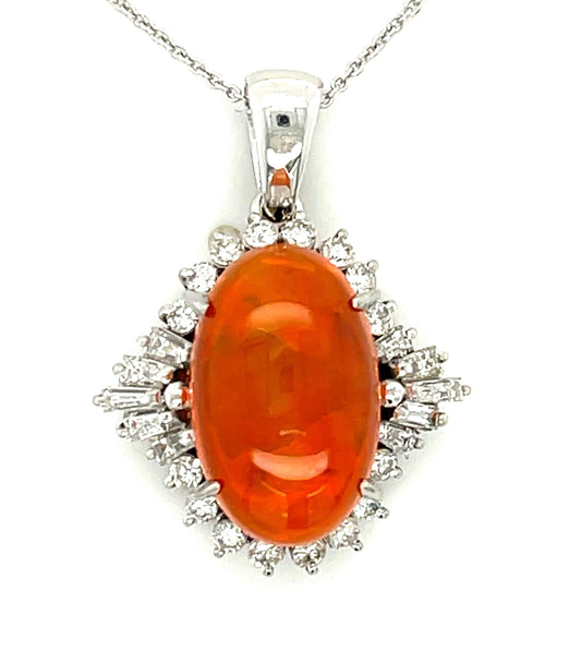 7.60ct Mexican Fire Opal &  0.89ctw Diamond PT  9.15gr Pendant Circa 1960s