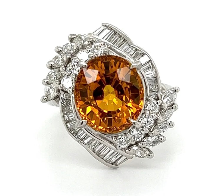 6.46ct Orange Sapphire Oval & 1.16ctw Diamond PT 12.60gr Ring Carte Blu