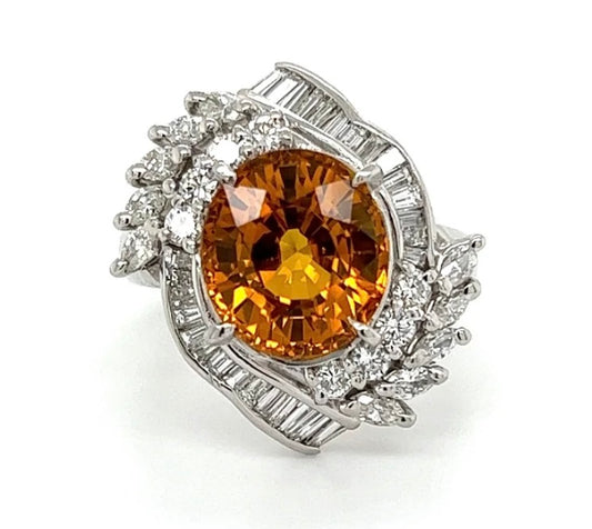 6.46ct Orange Sapphire Oval & 1.16ctw Diamond PT 12.60gr Ring Carte Blu