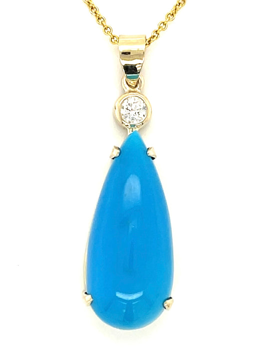 16.12ct Turquoise &  0.19ctw Diamond 14KY  7.72gr Pendant Handmade Length 16