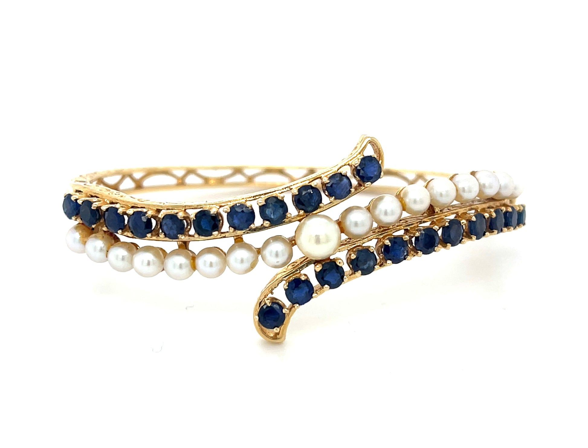 3.00ct Sapphire &  Pearl 14KY  17.67gr Bangle Bracelet Circa 1960s