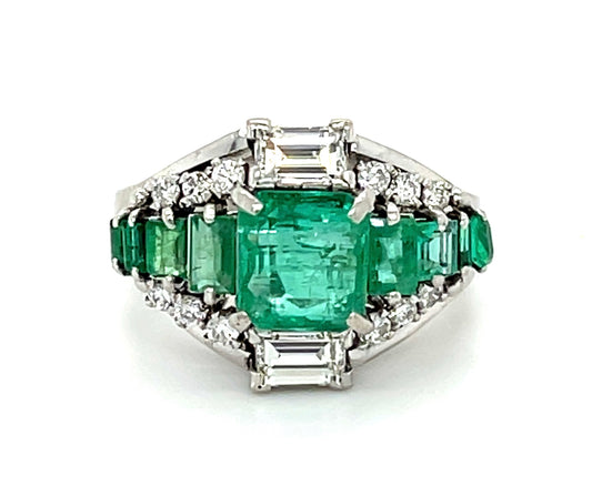 Estate  2.00ct Emerald &  0.66ctw Diamond PT  7.83gr Ring Circa 1940s And Side E