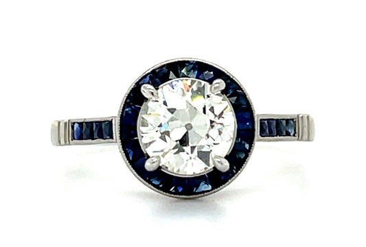 0.95ct European-cut Diamond &  1.00ctw Sapphire PT  3.61gr Ring Size 7.50