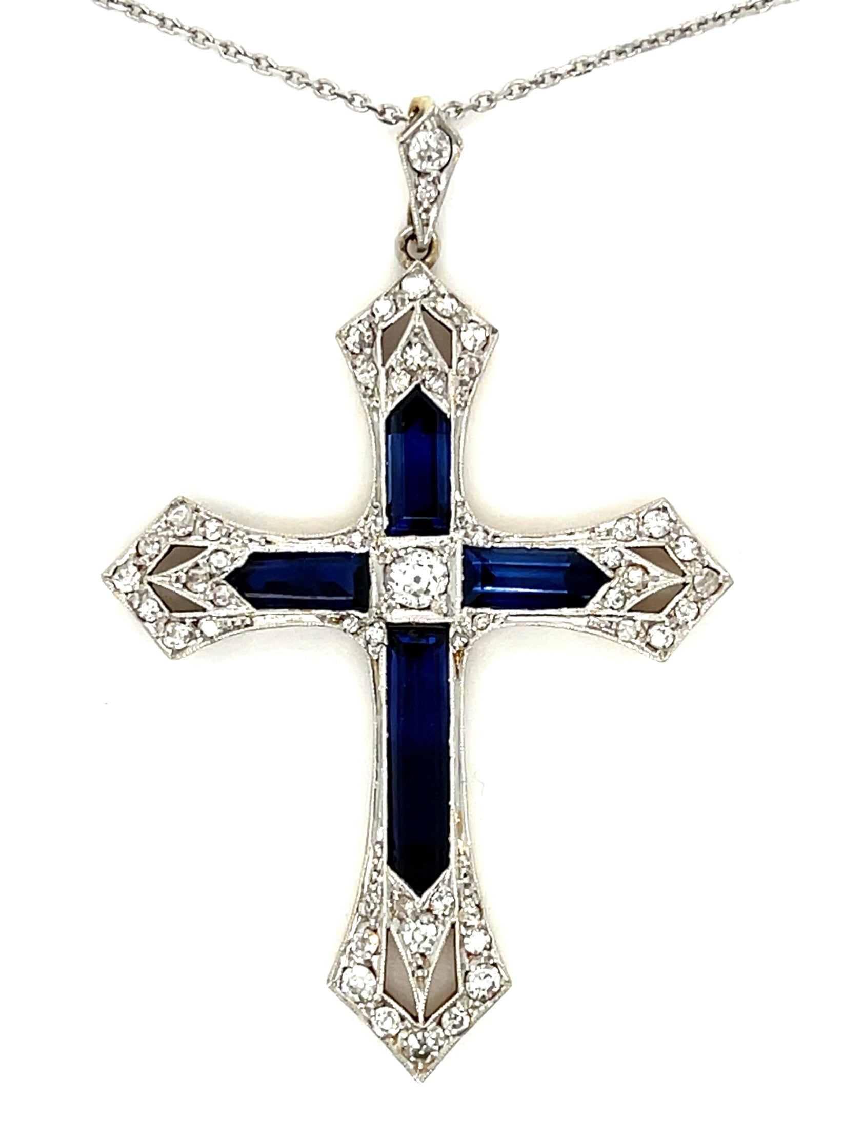 Edwardian 2.02ct Sapphire &  0.15ctw Dia PT/18K Cross Pendant (1900s) .55ct SD