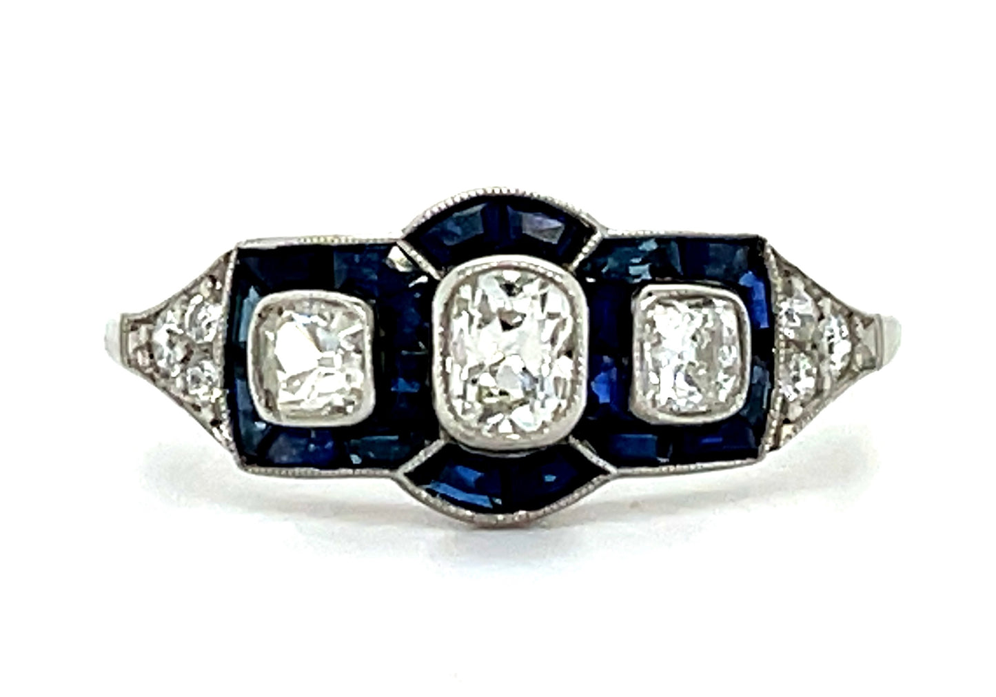 0.45ct European-cut Diamond &  1.00ctw Sapphire PT  3.56gr Ring Handmade .06ct S