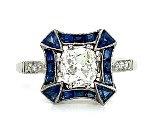 1.11ct Diamond Omc &  1.10ctw Sapphire PT  4.79gr Ring .06ct Sd Size 6.75