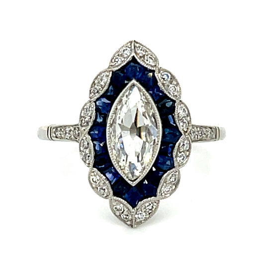 0.59ct Antique Diamond Marquise &  0.84ctw Sapphire PT  4.89gr Ring .30ct Sd Siz