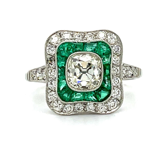 1.13ct Diamond Omc &  1.75ctw Emerald PT  5.33gr Ring Handmade .58ct Sd Size 6.5