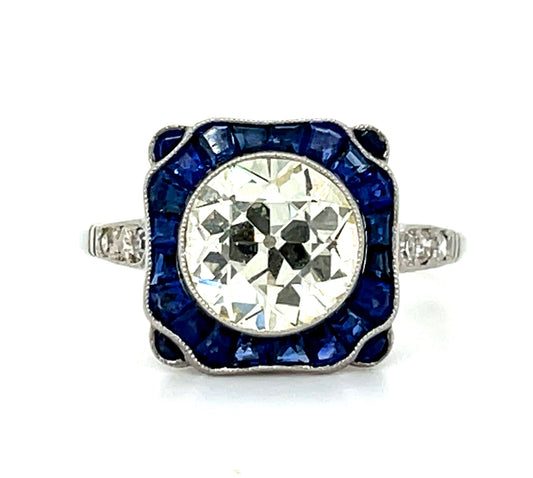 2.28ct European-cut Diamond &  1.36ctw Sapphire PT  4.75gr Ring Handmade
