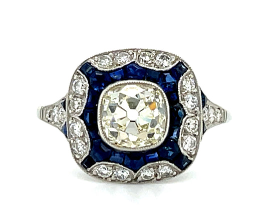 1.56ct Diamond Omc &  1.58ctw Sapphire PT  4.82gr Ring Handmade .44ct Sd Size 7