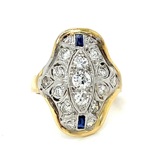 Estate  0.75ct Diamond &  0.15ctw Sapphire 14KY  4.37gr Art Deco Ring Circa 1930