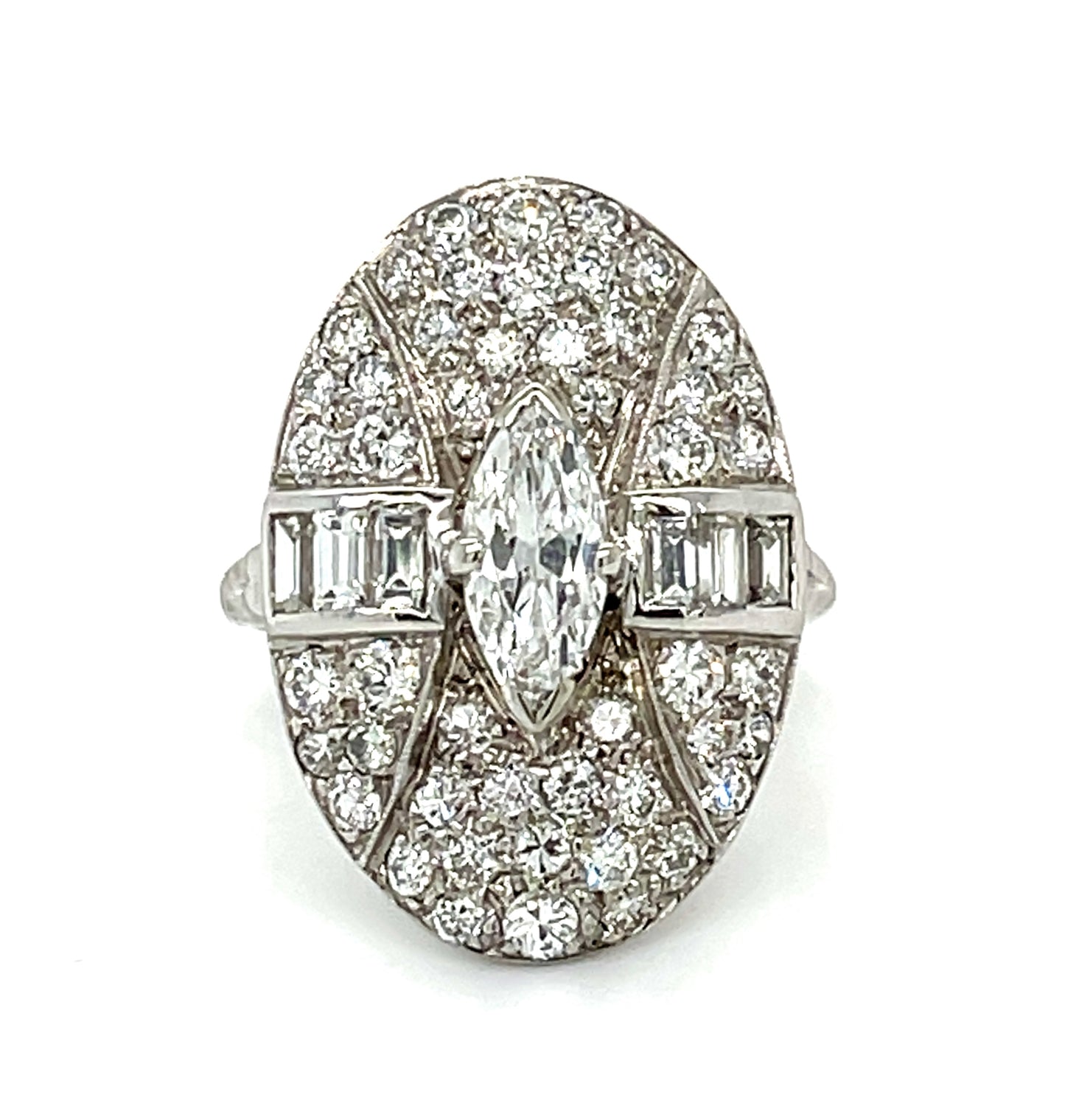 Art Deco 0.70ct Diamond Marquise 10K 6.06gr Ring Circa 1920s 1.8ct Sd