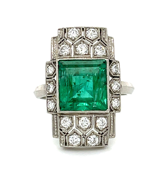 Art Deco 3.70ct Emerald & 0.64ctw Diamond PT 8.00gr Ring Circa 1930