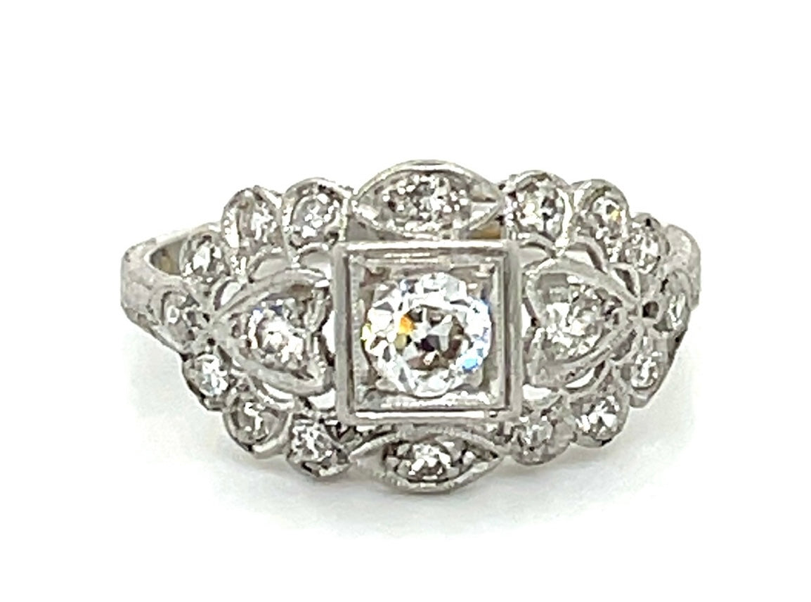 Art Deco 0.18ct Center Diamond PT Ring Circa 1920s .21ct Sd