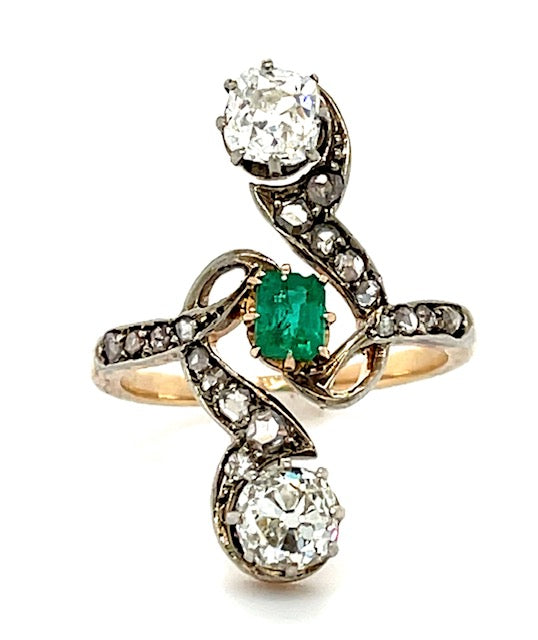 1.60ct Diamond 2 Stones &  0.40ctw Emerald Silver & 14K  4.81gr Victorian Ring