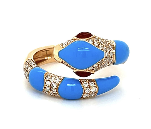 .55ct Diamond + Turquoise .17ct Garnet 18KY Snake Ring