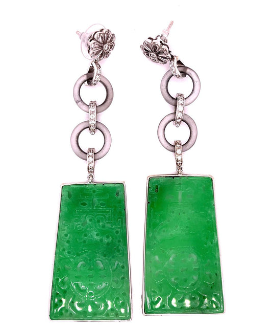 Estate  Jade &  0.66ctw Diamond 18KW  27.35gr Earrings Frosted Quartz Length 3.5