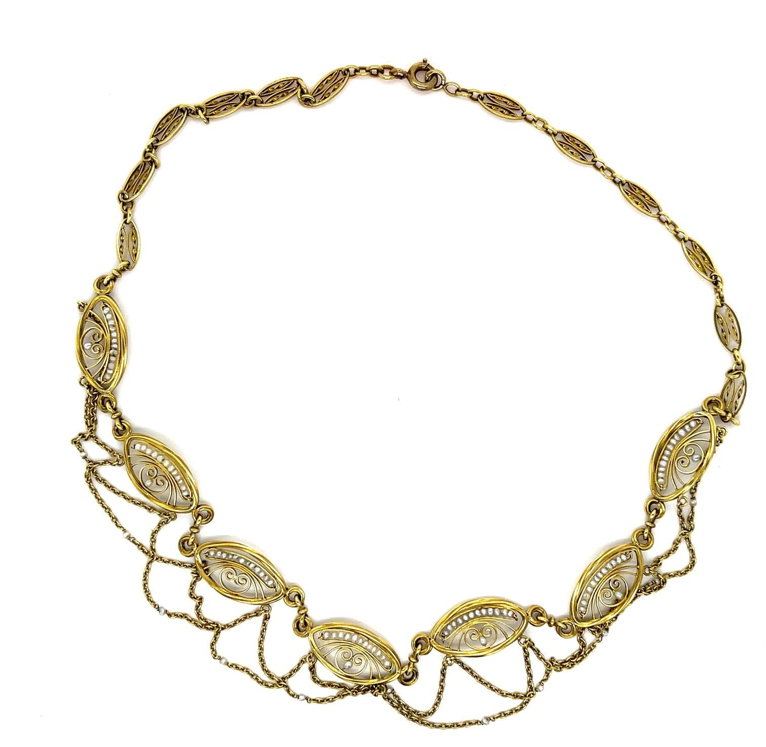 Estate  Pearl 18KY  17.28gr Art Nouveau Necklace Circa 1890s Length 15.5