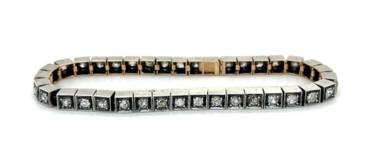 Estate  3.00ct Diamond Old Mine Cut Silver & 14K  26.60gr Bracelet Circa 1950s