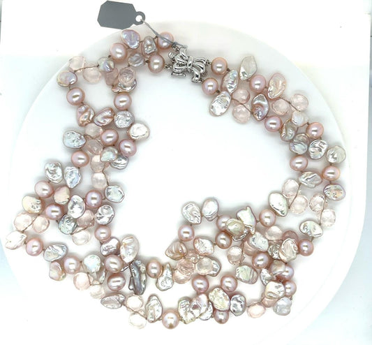 Estate  Pink Quartz 18KW  Necklace Freshwater Pearls Length 20