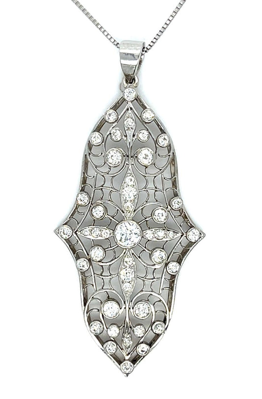 Art Deco .20ct CD 1.30ct SD Platinum Pendant (Antique 1920s) 2" Length 18" Chain