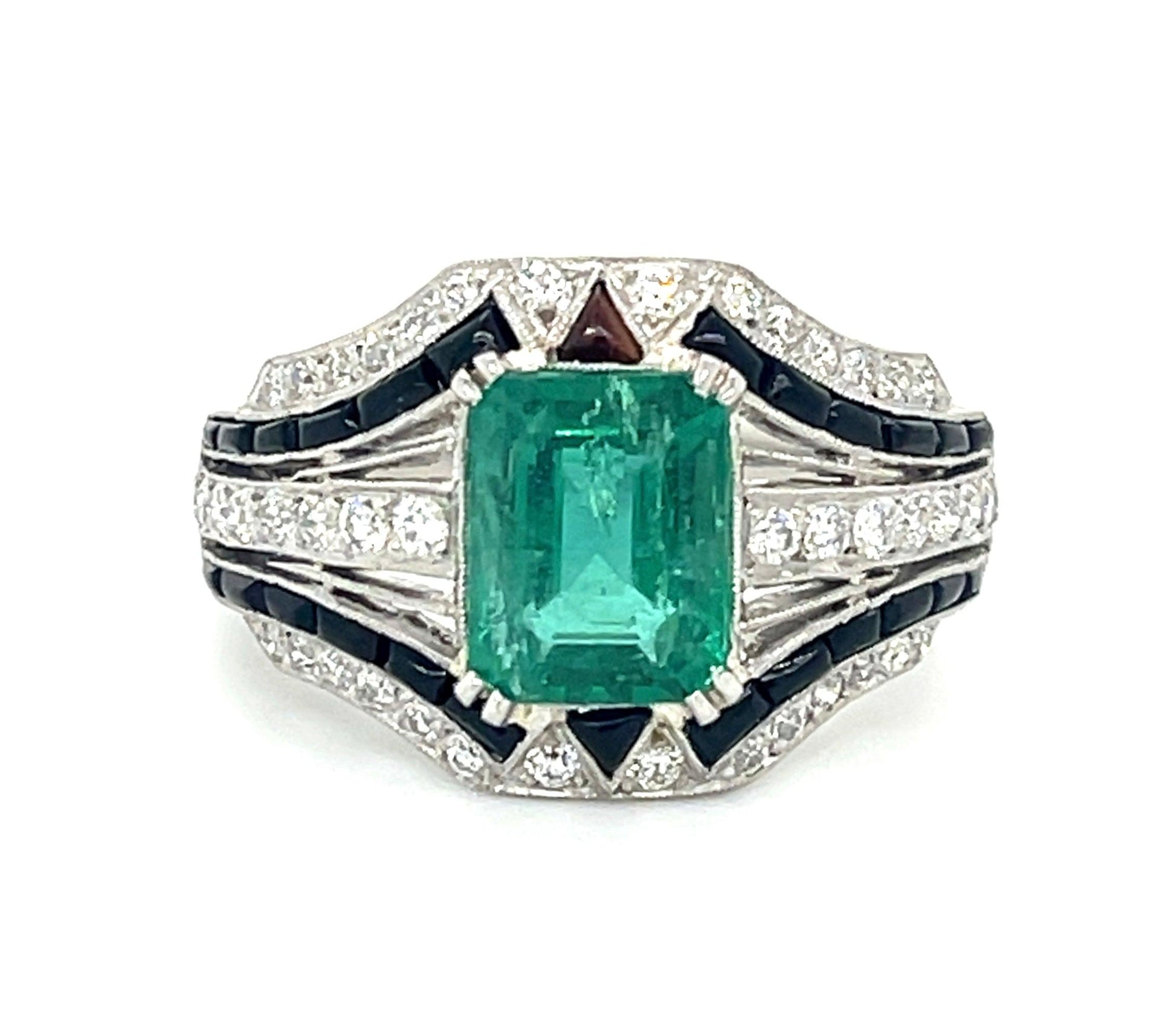 2.40ct Emerald Handmade Ring Platinum .59ct Diamonds and Onyx