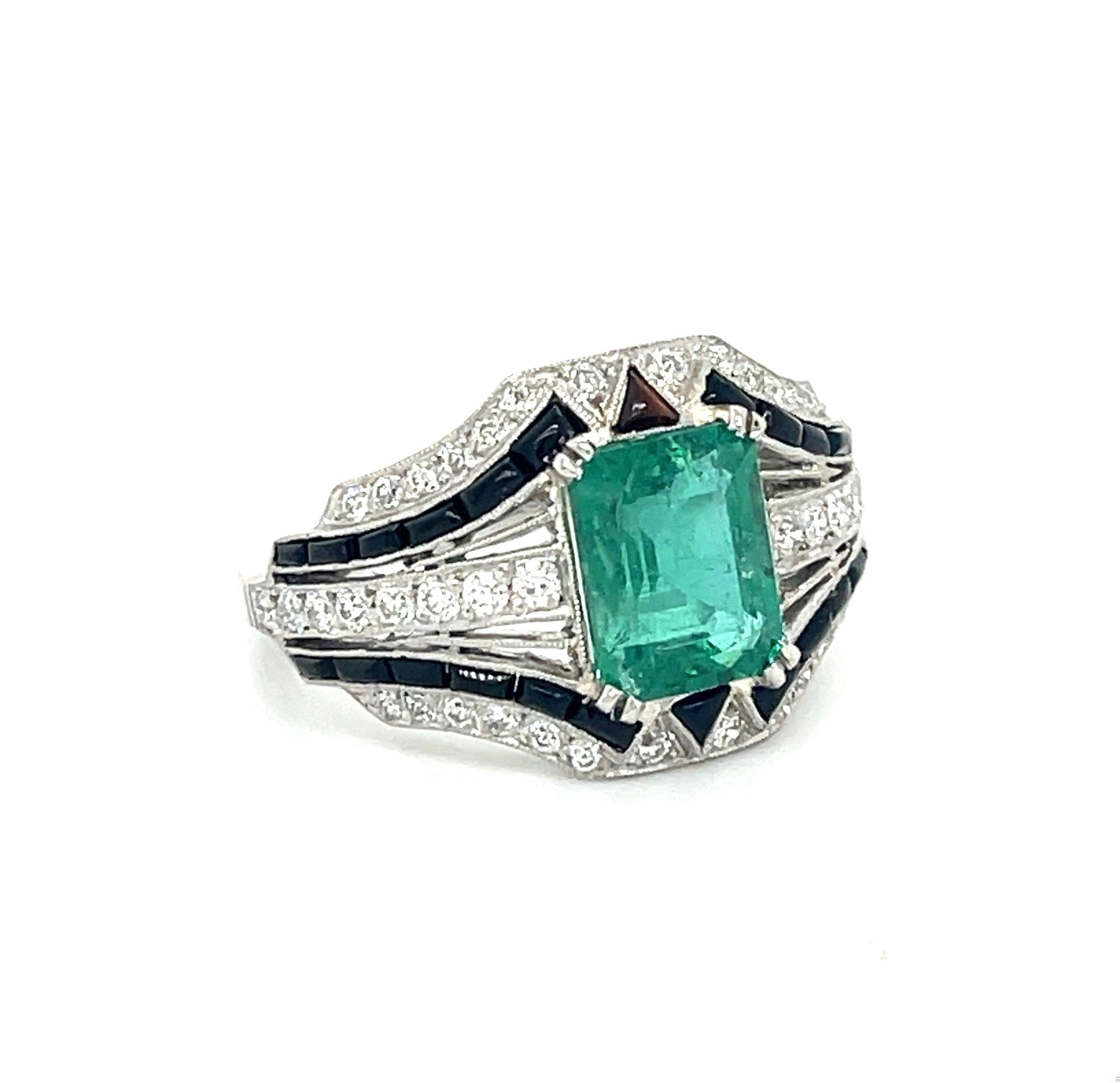 2.40ct Emerald Handmade Ring Platinum .59ct Diamonds and Onyx