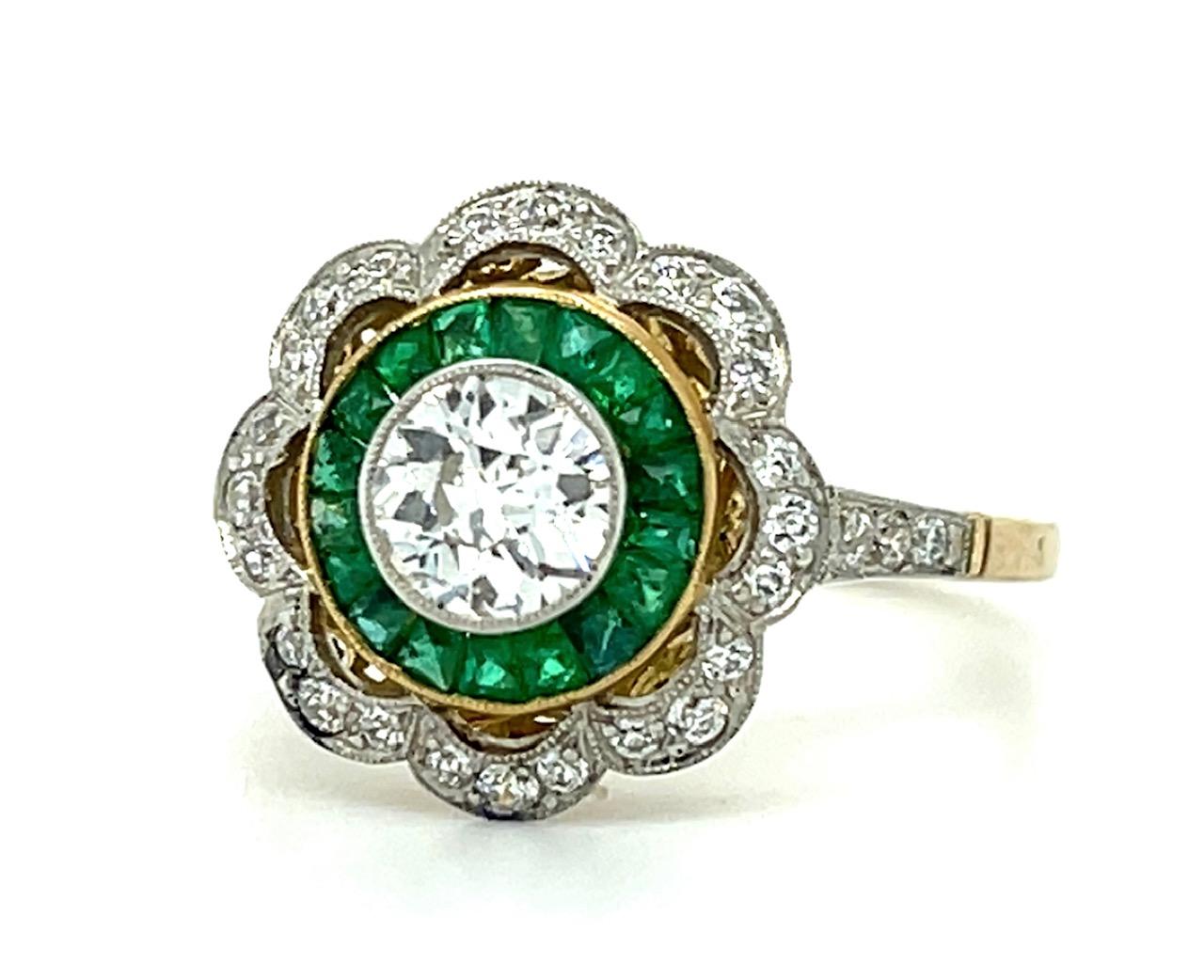 .65ct Old European Diamond .40ct Emerald 18KY+PT Handmade Ring .30ct Dia 4.10g