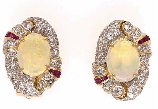 18KY Opal &  Diamond Earrings 2.00ct(op) 1.75ct twt(dia) .30ct(rby) ESTATE