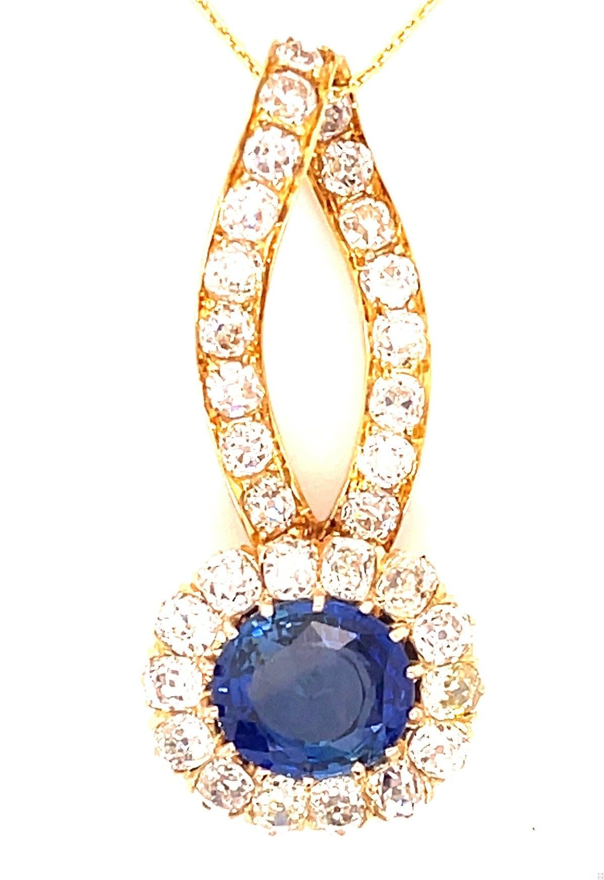 Victorian 2.88ct Madagascar Heated Sapphire 4ct Old Mine Diamond 14KY Pendant