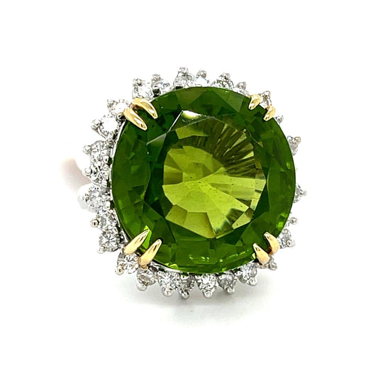 29.50ct Peridot Ring 14KW (Vintage Circa 1960s) 1ct Diamonds