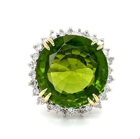 29.50ct Peridot Ring 14KW (Vintage Circa 1960s) 1ct Diamonds