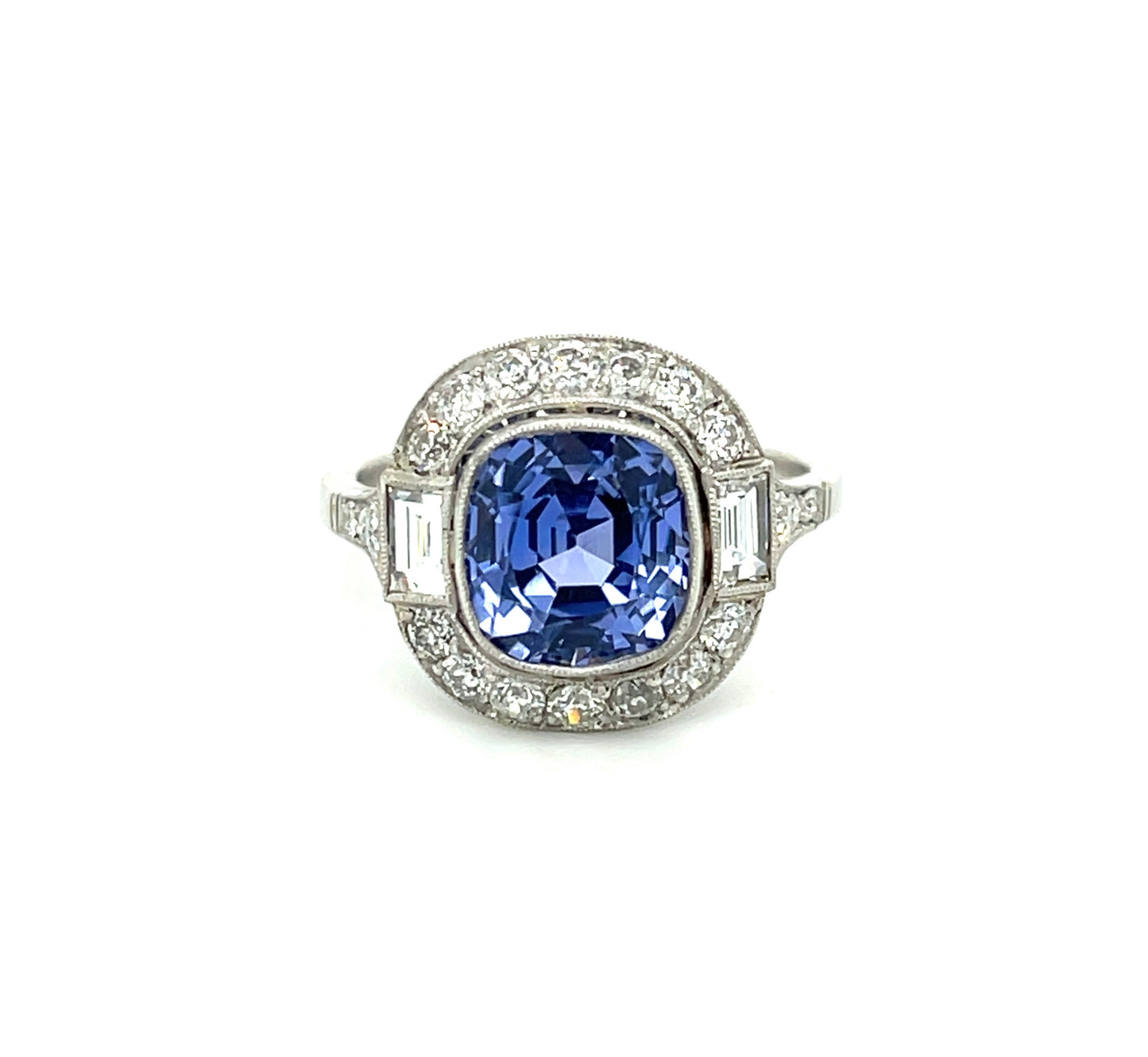4.33ct Cushion Cut Sapphire .35ct French Cut Diamonds .80ct SD Platinum Handmade Ring
