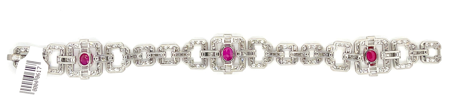 Art Deco 4.51ct GIA No Heat Burma Rubies 8.50ct Old European Cut Diamonds Platinum Bracelet (Circa 1920s)