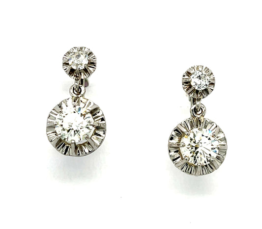 Diamond Platinum Drop Earrings 1.14ct Diamond I SI EGL (1st Diamond) 1.20ct (2nd Diamond)