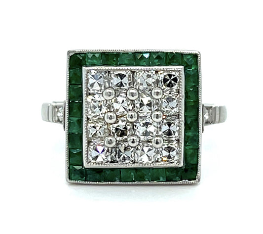 1.20ct French Cut Diamond .80ct Emeralds Platinum Handmade Ring 6.60g 7 Size