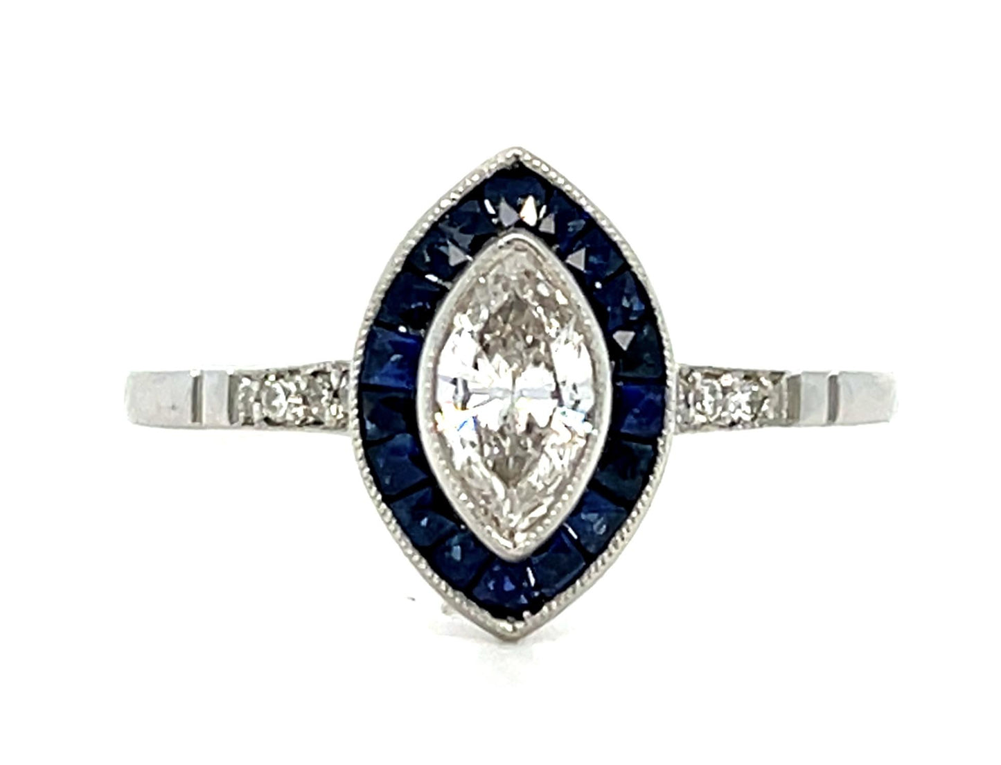 Art Deco 14K 2 Tone .33ct Marquise Diamond .64ct Sapphire Platinum Handmade Ring