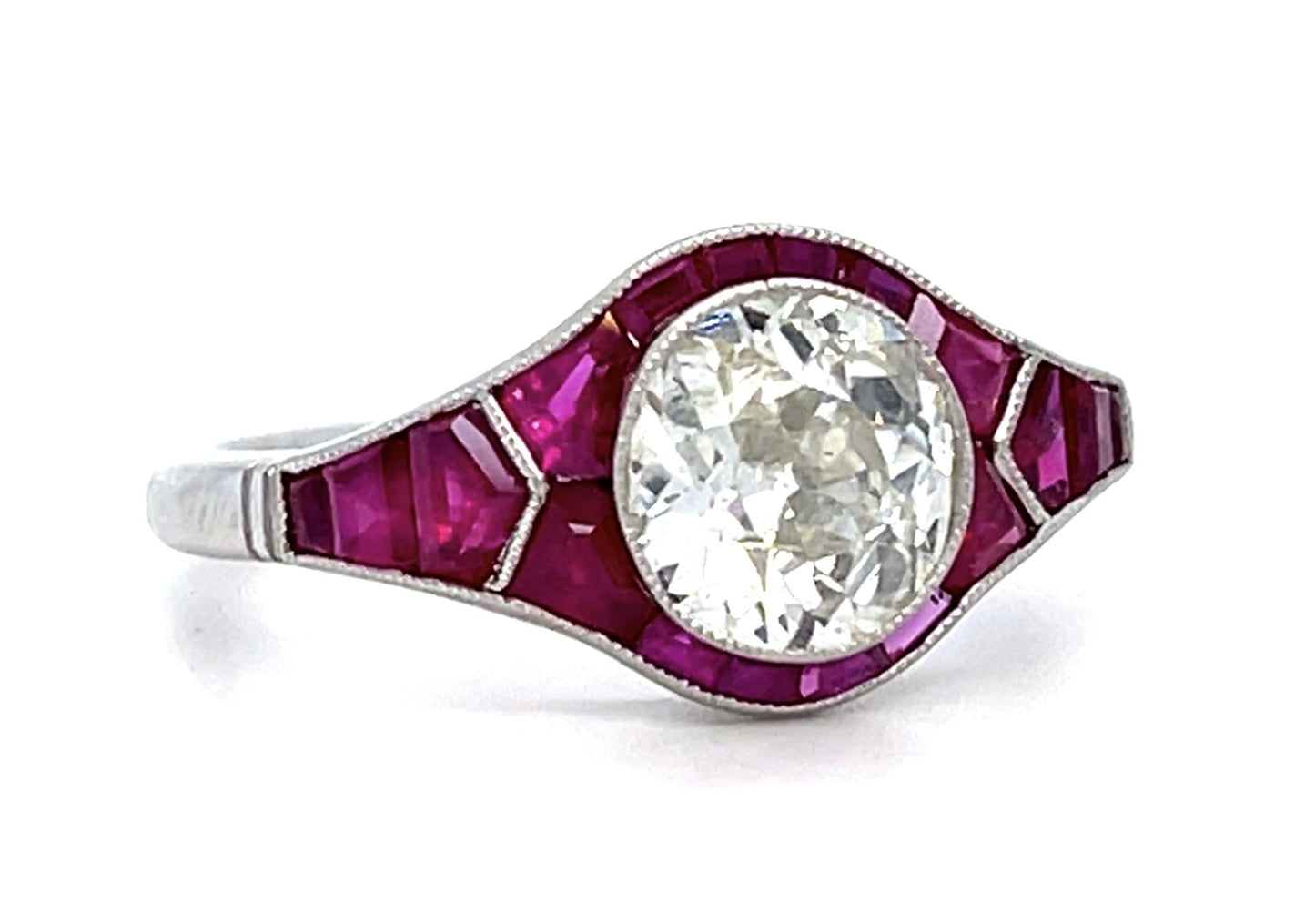 1.28ct Old Euro Diamond 1.70ct Ruby Platinum Handmade Ring