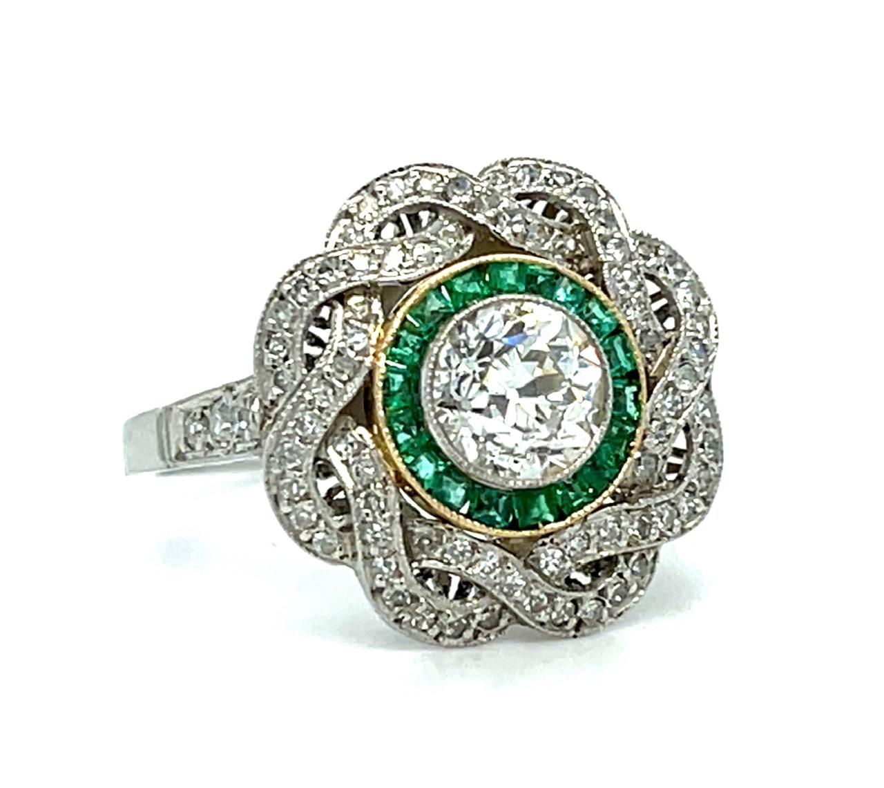 .75ct Old European Diamond .50ct Emerald Platinum Handmade Ring .72ct SD 4.80g 7