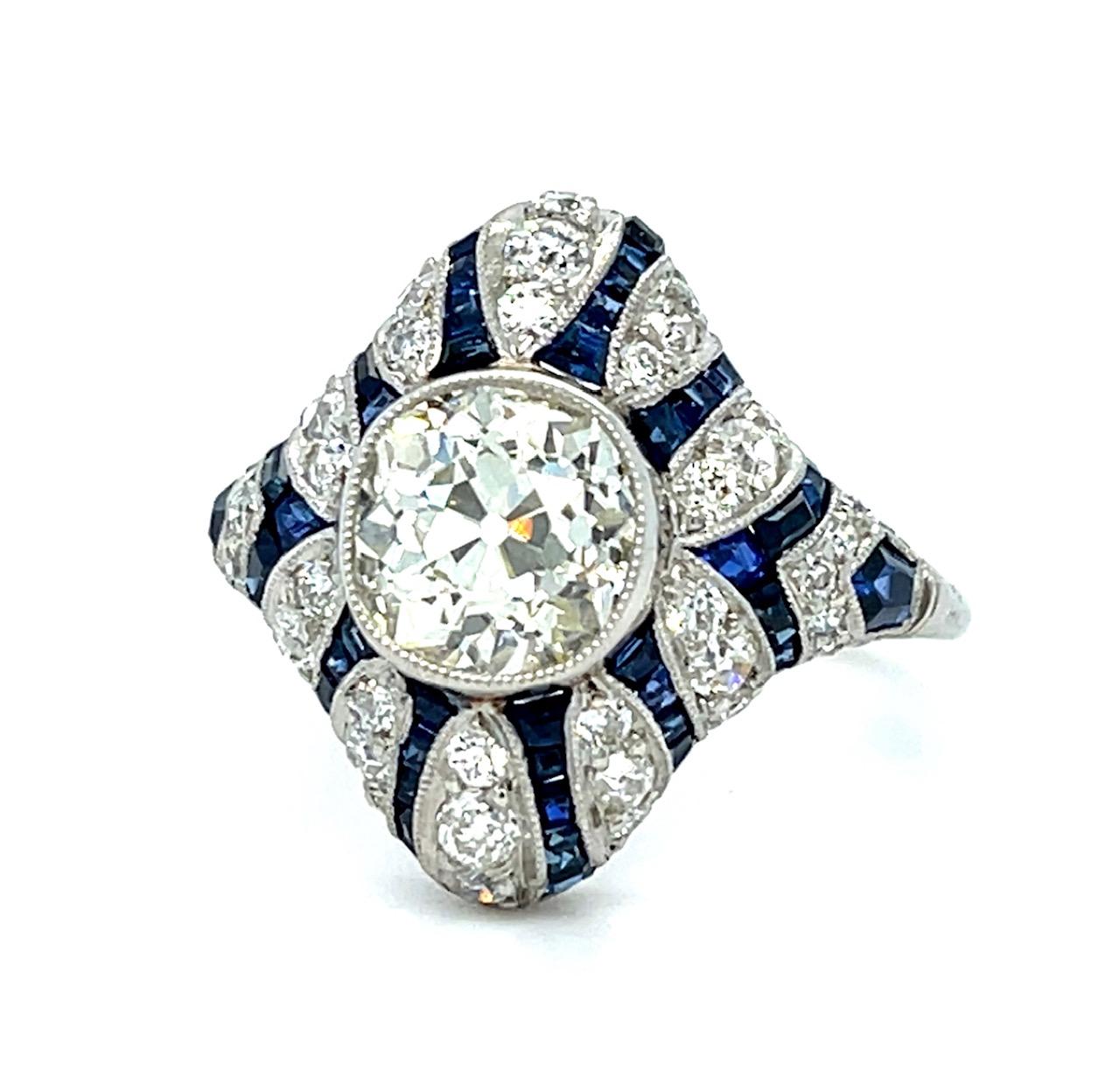 1.86ct Old Mine Diamond 1.80ct Sapphire Platinum Handmade Ring 1.10ct SD 5.26g