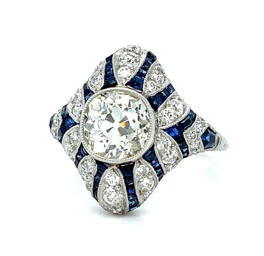 1.86ct Old Mine Diamond 1.80ct Sapphire Platinum Handmade Ring 1.10ct SD 5.26g
