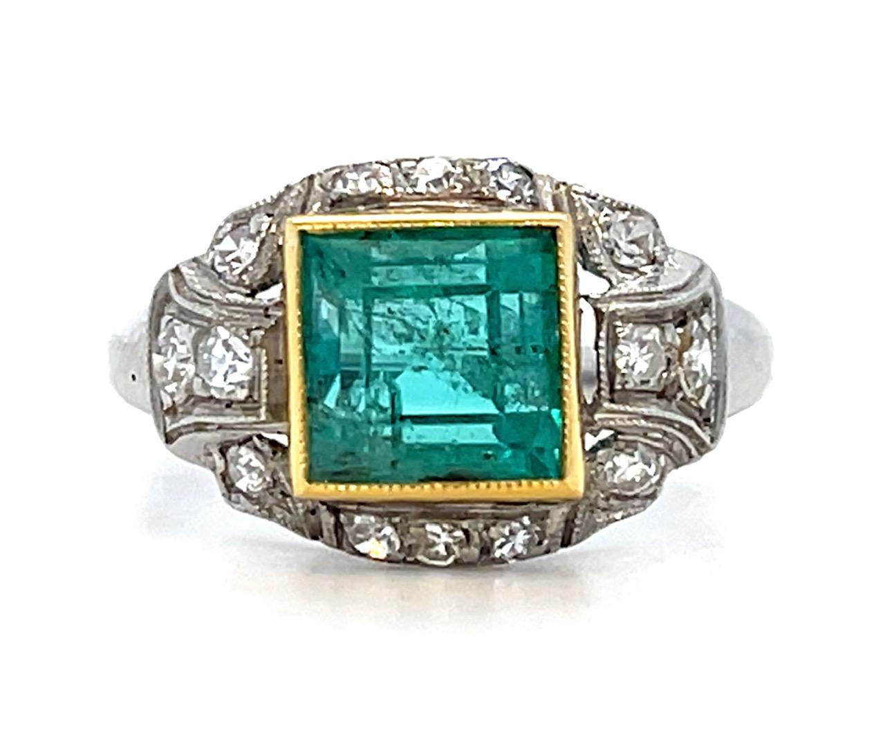 Art Deco 1.50ct Emerald .30ct Diamond Platinum+18KY Ring (Vintage 1930s) 3.63g