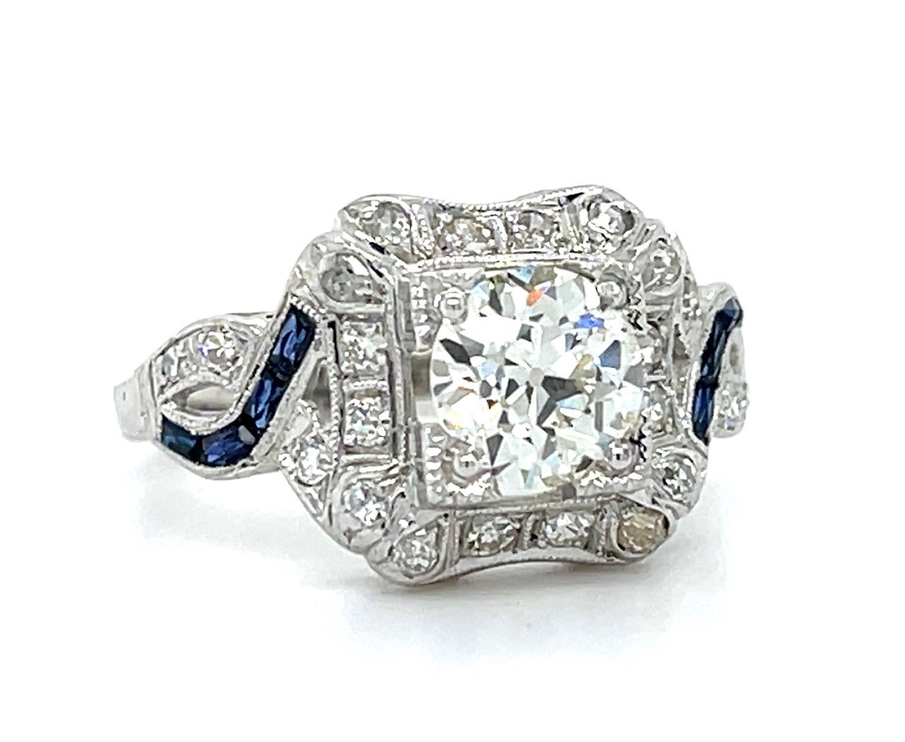 Art Deco 1.20ct Old European Diamond .40ct Sapphire Platinum Ring .66ct SD 4.21g