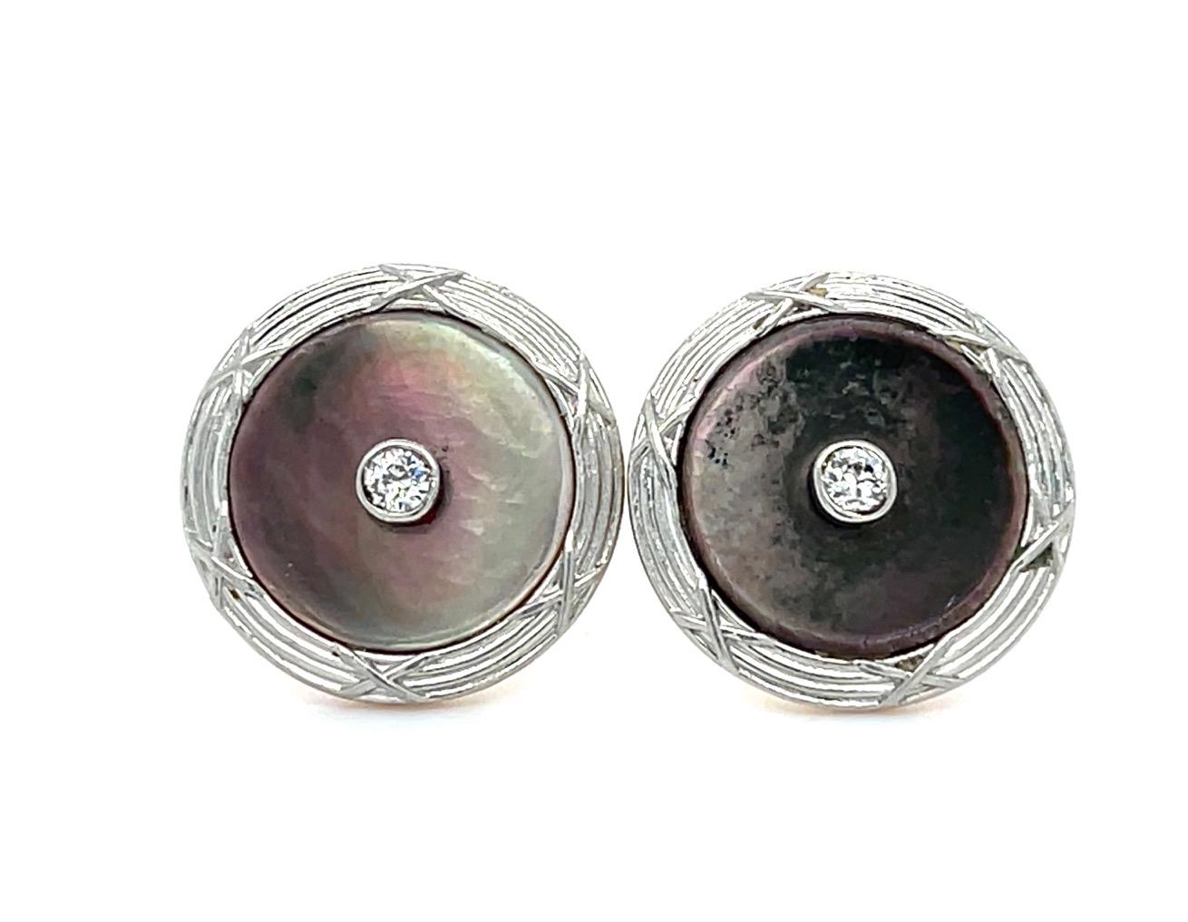 Art Deco .13ct Diamond Mother of Pearl Stud Platinum+18KR Earrings Antique 1920s