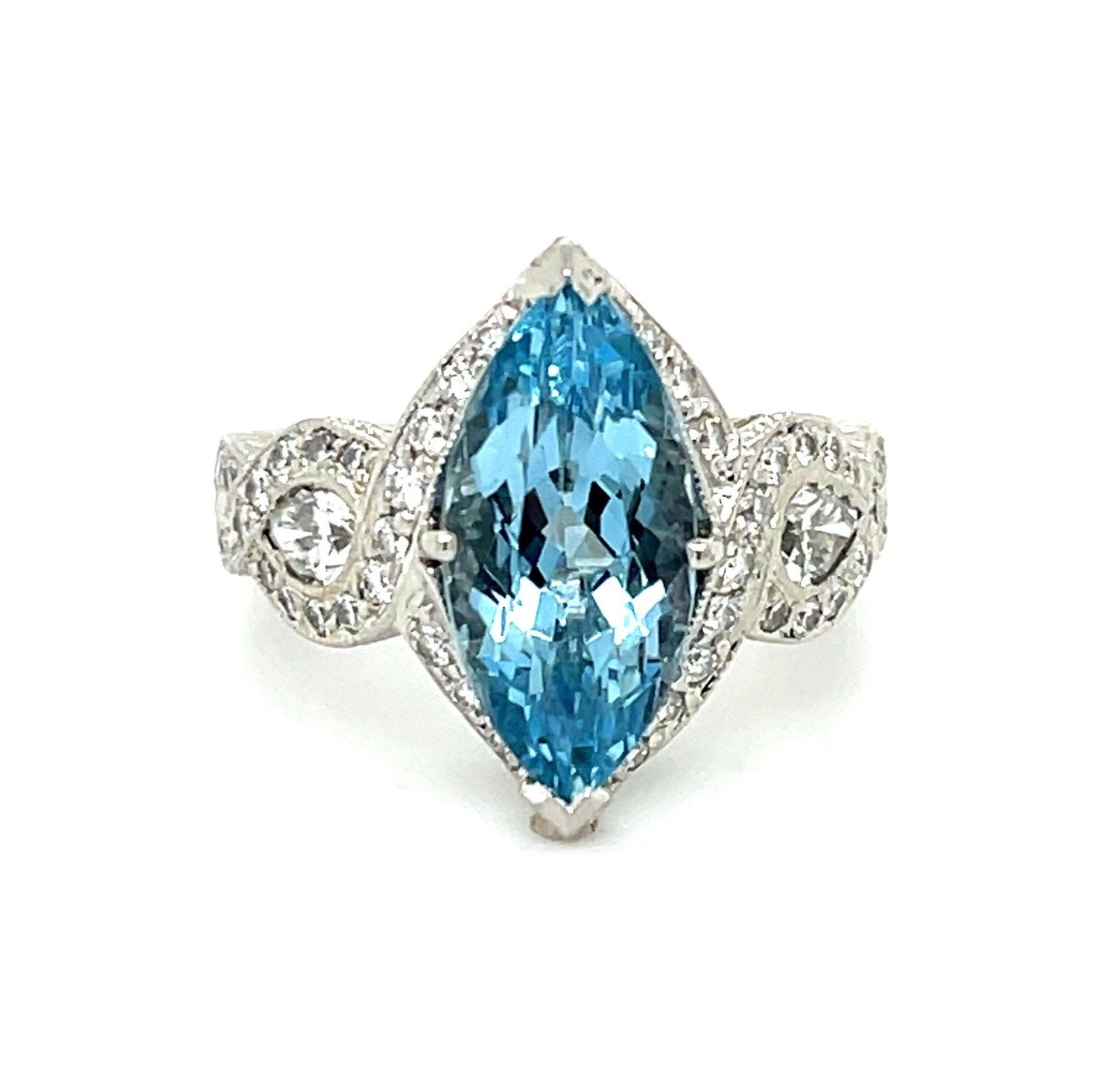 3.25ct Marquise Aquamarine Hand Engraved Platinum Ring 1.15ct Diamonds