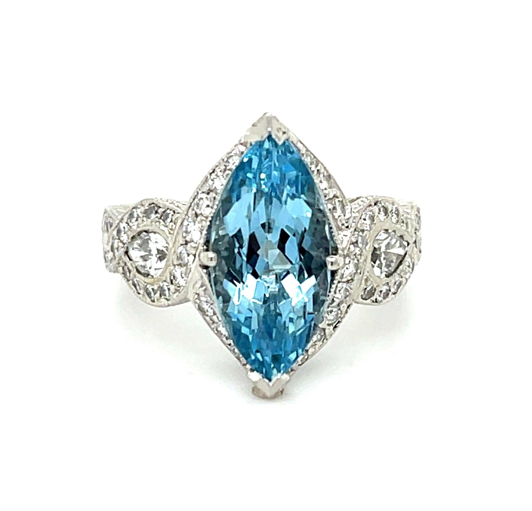 3.25ct Marquise Aquamarine Hand Engraved Platinum Ring 1.15ct Diamonds