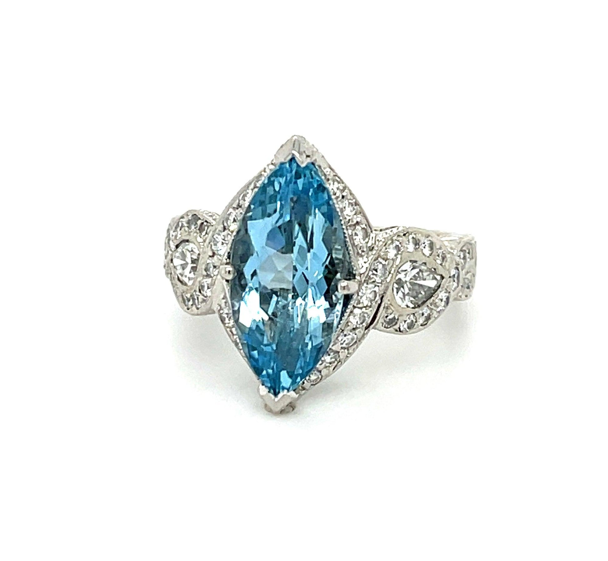 3.25ct Marquise Aquamarine Hand Engraved Platinum Ring 1.15ct Diamonds