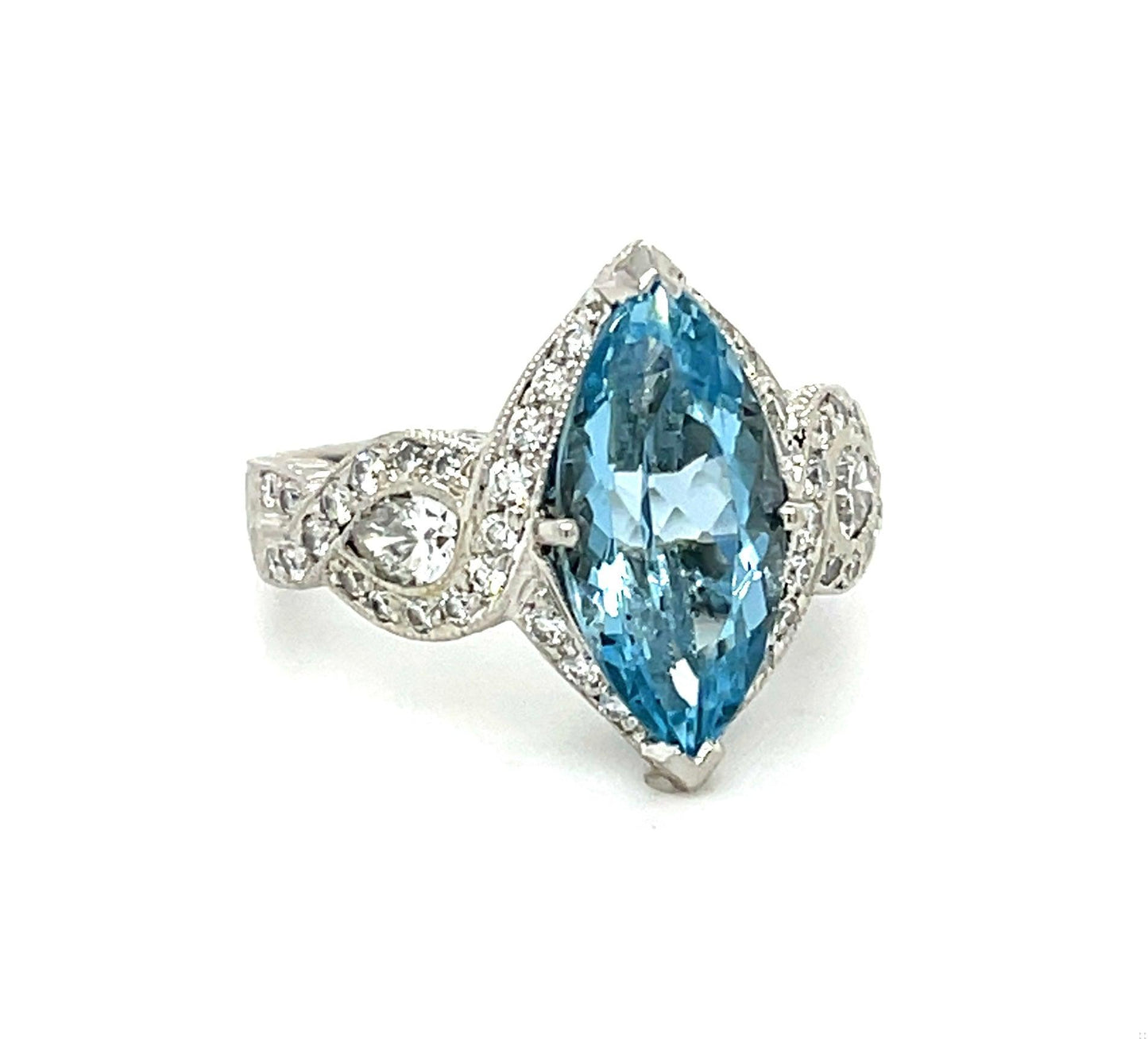 3.25ct Marquise Aquamarine Hand Engraved Platinum Ring 1.15ct Diamonds