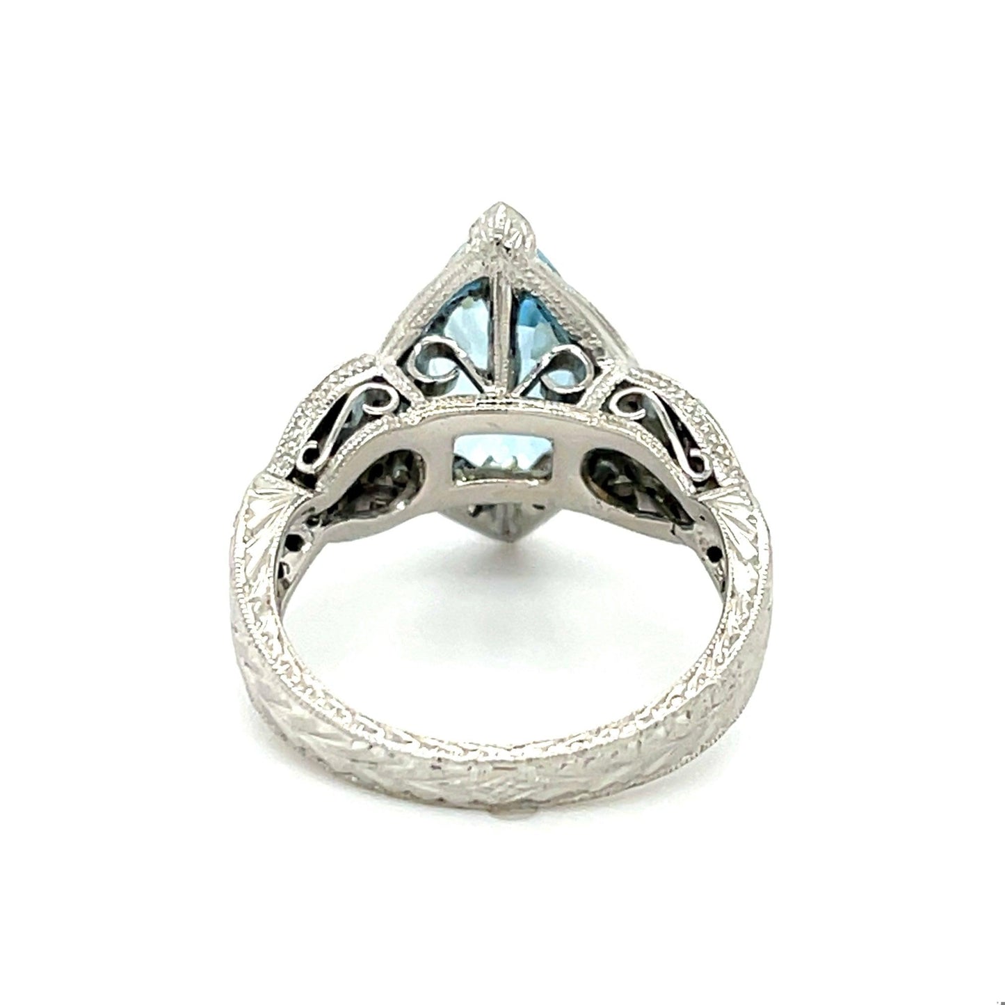 3.25ct Marquise Aquamarine Hand Engraved Platinum Ring 1.15ct Diamonds